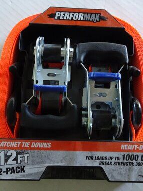 Ratchet Straps Tie Downs - Performax 2 Pack - 12' x 1" -Orange with S Hooks New